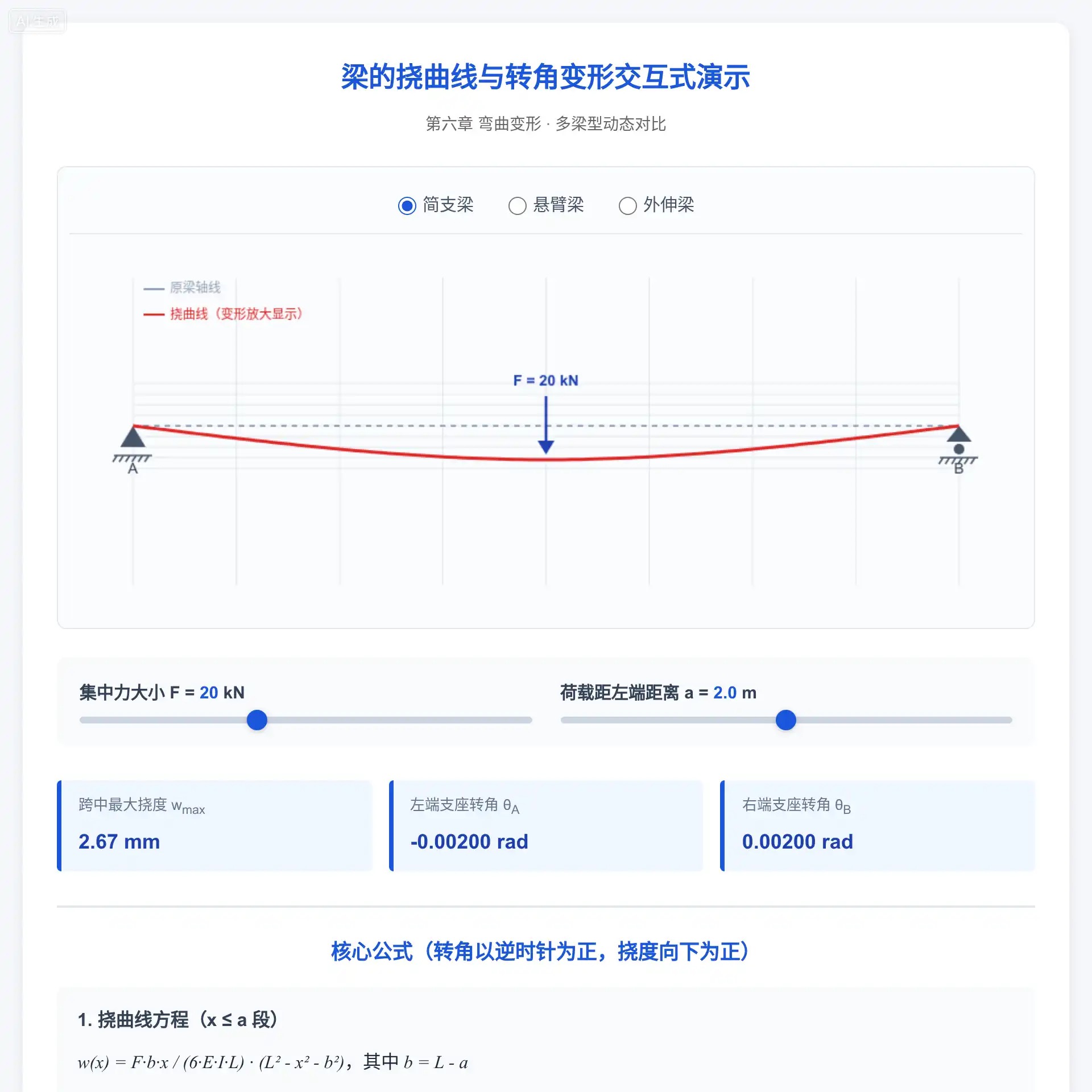 三梁型切换版：梁挠曲线与转角变形交互式动画